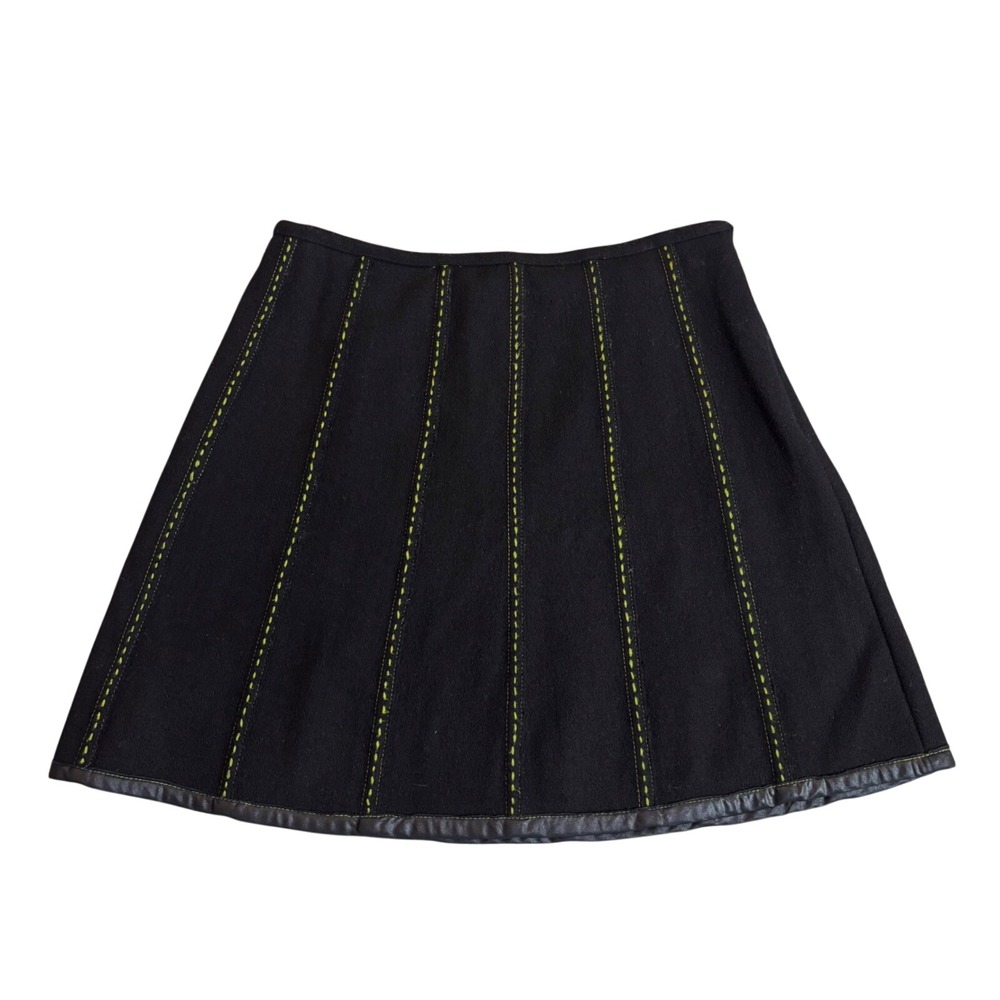 Weekend Max Mara Black panel A Line wool Skirt green Stitch Leather mini sz 6